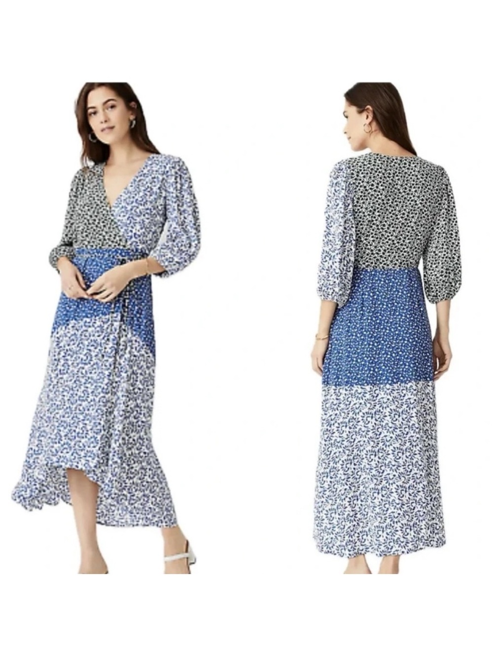 Ann Taylor Blue, green and White Mixed-Print Maxi Wrap Dress